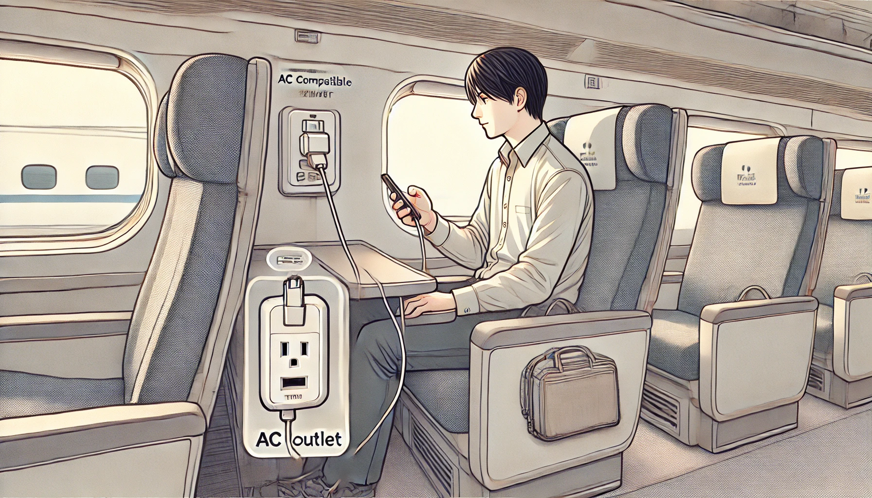 新幹線のぞみ車内で、通路側の座席に座った日本人男性が、ひじ掛け付近のACコンセントに小型充電器を挿し、USBケーブルでスマートフォンを充電している様子のイラスト。コンセント位置と快適な充電風景が強調されている。