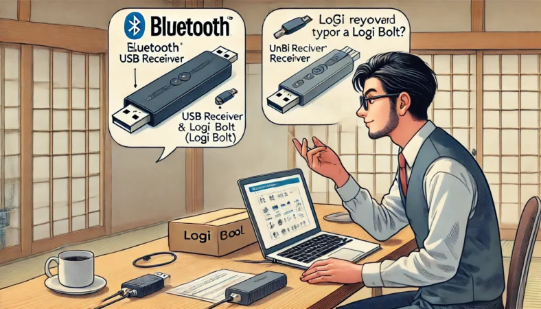 日本人のオフィスワーカーが、Logicoolキーボードの底面ロゴを確認しながらBluetoothとUSBレシーバー（Unifying・Logi Bolt）の接続方式を比較している様子。デスク上にはノートパソコン、USBレシーバー、キーボードの箱が整然と並び、明るく整った作業環境が描かれている。