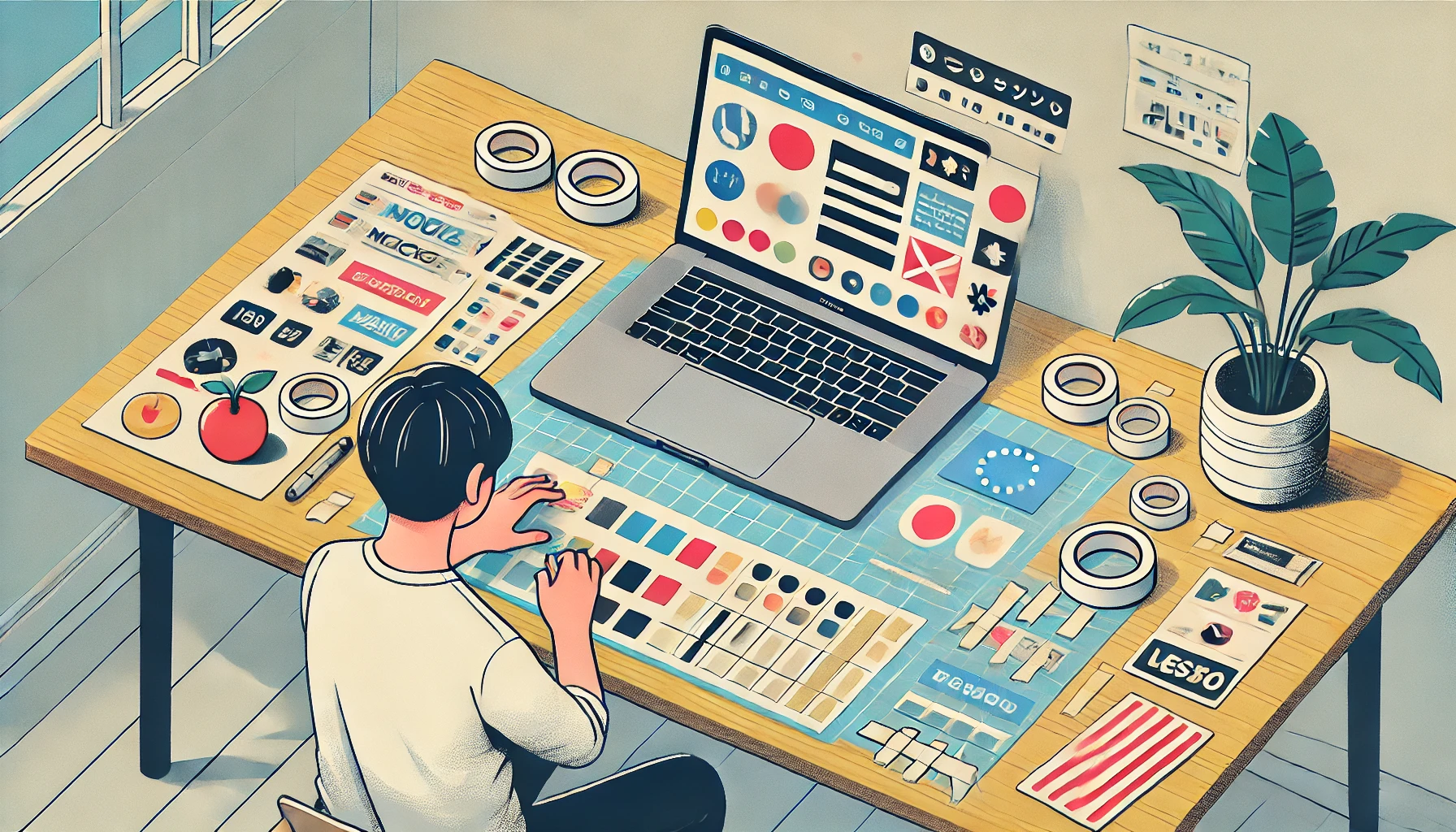 日本人がMacBookにステッカーを貼る準備をしているイラスト。落ち着いた和風インテリアの部屋で、柔らかい照明の下、必要な道具を整えて配色バランスを意識した配置をしている。