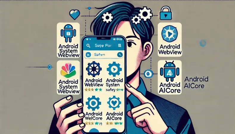 日本人ユーザーがAndroidの設定画面でストレージやバッテリー、アプリの情報を確認している様子のイラスト。システムアプリや使用状況を分解して把握しているシーン。