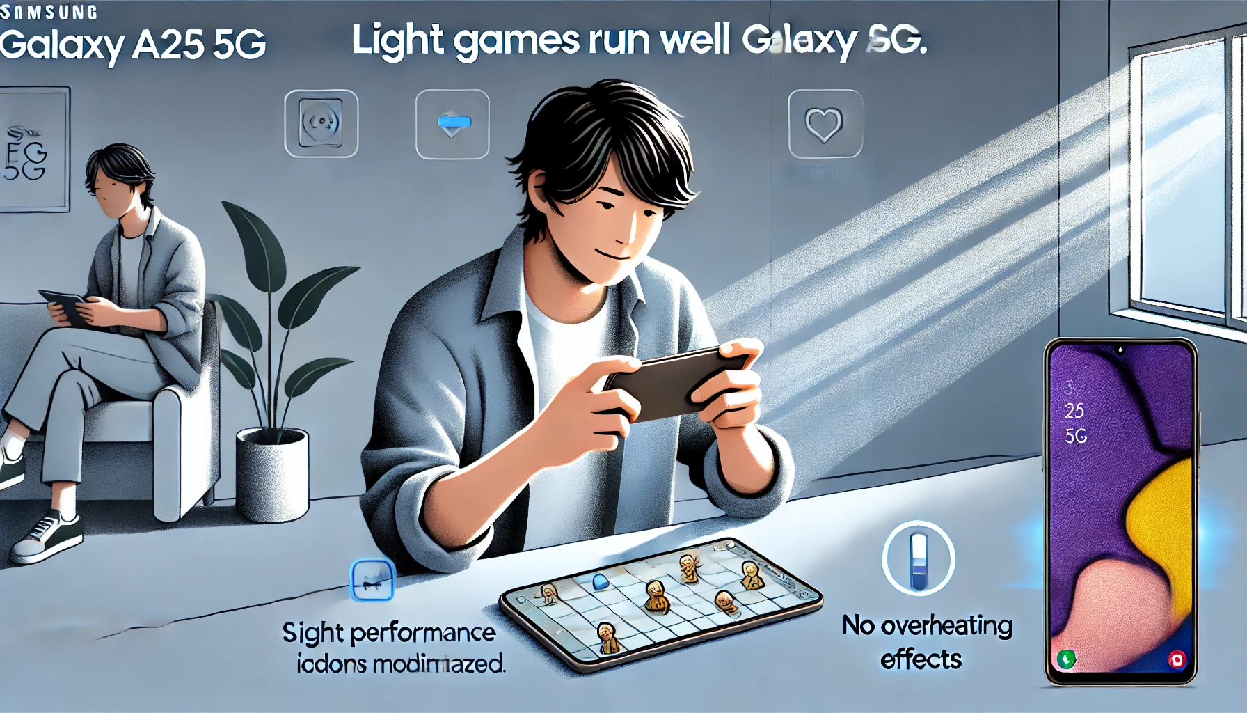 日本人男性が現代的な室内でGalaxy A25 5Gを使い、軽い2Dパズルゲームを楽しんでいる様子。画面や周囲に発熱や動作の問題は見られず、快適にプレイできている場面をイラストで表現。