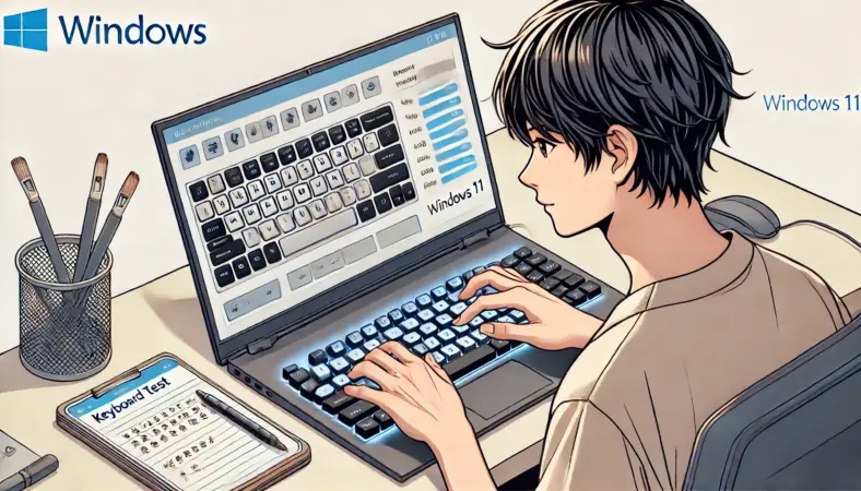 日本人ユーザーがWindows 11搭載のノートPCと有線キーボードを使い、オンラインのキーボードテストツールでキー入力の確認をしている様子のイラスト。画面には押されたキーが光って表示されており、デスク上には確認手順が書かれたノートも置かれている。