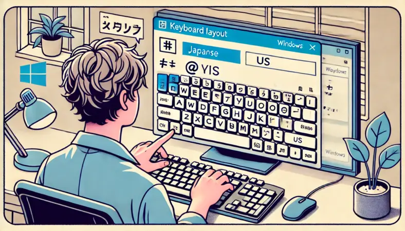 日本人ユーザーがWindows11の設定画面でキーボードレイアウトを確認しながら、メモ帳で記号を入力し実際のキー配列と一致しているかを落ち着いて確認している様子のイラスト。