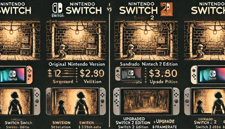 旧Switch版とSwitch 2 Editionを使う日本人プレイヤーを対比したイラスト。中央には画質・フレームレート・価格に関するビジュアル的な比較が描かれており、地下通路を背景にゲーム体験の違いを視覚的に表現している。