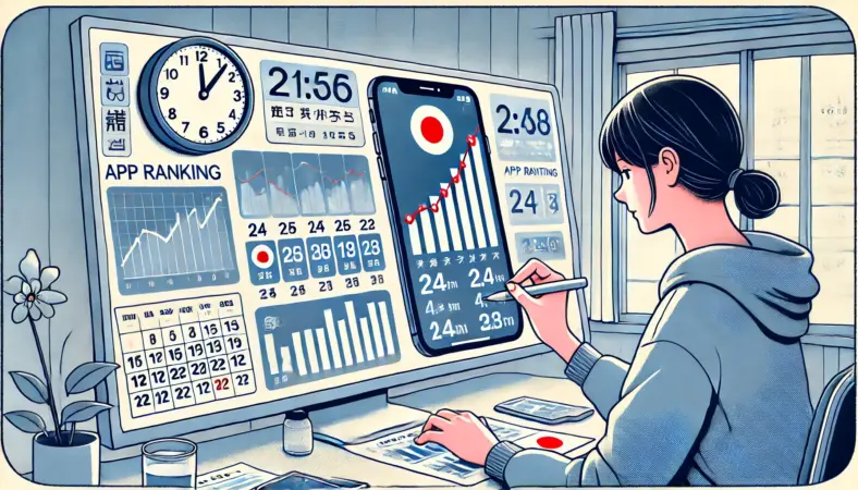 日本人の若者がスマートフォンでアプリランキングを確認し、時間ごとにスクリーンショットを撮って比較している様子。背景には時計とカレンダーがあり、24〜48時間の観測を行っている状況を描いたイラスト。