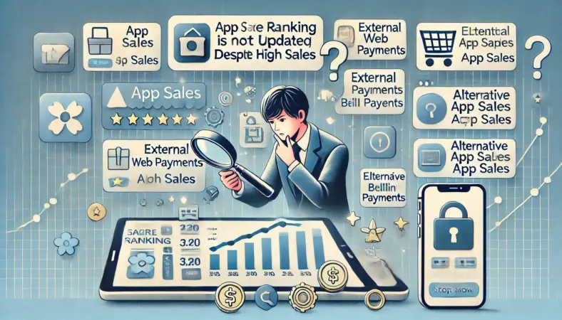 Google Playランキングの更新が不安定な日に、日本人ユーザーが落ち着いて確認手順を進めている場面。ストアの更新・外部サイトの揺れ・自身の条件を順番に確認する姿を、時計や端末とともに表現したイラスト。