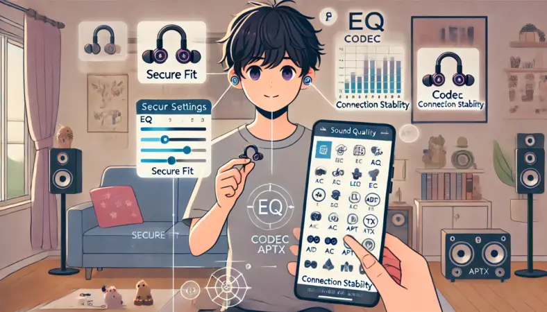 日本人が自宅でワイヤレスイヤホンの音質を最適化するため、EQ調整やイヤーピースの交換、コーデック設定を行っている様子のイラスト。視覚的チェックリストが周囲に浮かんでいる。