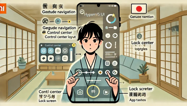最新のXiaomi HyperOS UIを操作する日本人ユーザーのイラスト。ジェスチャー操作やコントロールセンターのレイアウト、ロック画面の通知、マルチタスク画面などが視覚的に描かれ、操作に戸惑いながらも順応しようとする様子が表現されている。