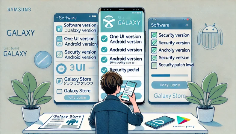 Galaxyスマートフォンのソフトウェア情報を確認し、最新バージョンかどうかをチェックしている日本人ユーザーのイラスト。One UIバージョン、Androidバージョン、セキュリティパッチの確認項目がスマホ画面に表示され、隣にはチェックリストやアプリ更新を示すPC画面も描かれている。