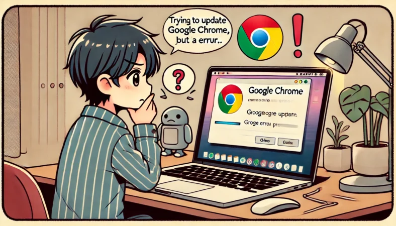 MacBookでGoogle Chromeのアップデート中にエラーが発生し、システム情報を確認しながら困惑した様子の日本人ユーザー。モダンなデスク環境で作業している様子が描かれている。