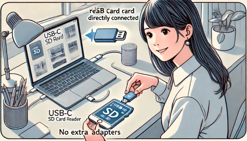 USB-C接続のSDカードリーダーを使ってiPhoneで写真を読み込む日本人女性のイラスト。余計なアダプタなしでシンプルに接続されており、成功した様子が描かれている。