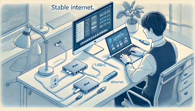 USB-CハブとEthernetアダプタを使ってiPadを有線LANに接続し、外付けSSDやHDMIモニターも併用する日本人ユーザーのイラスト。安定性と高速性を重視したプロフェッショナルな作業環境が描かれている。