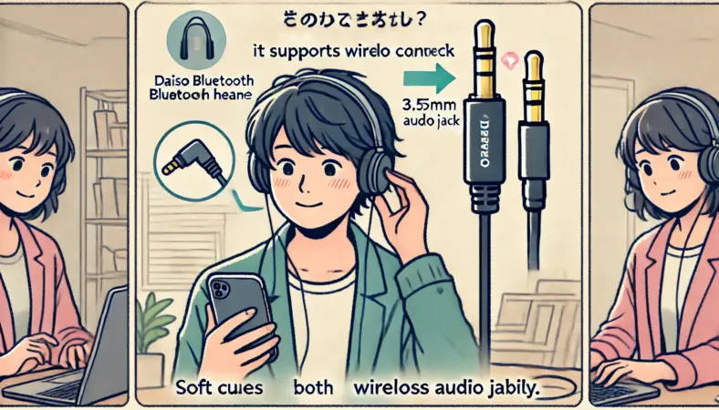 ダイソーのBluetoothヘッドホンに3.5mm有線端子があるか確認し、安心した表情の日本人が写っているイラスト。スマートフォンとケーブルが机の上に置かれている。
