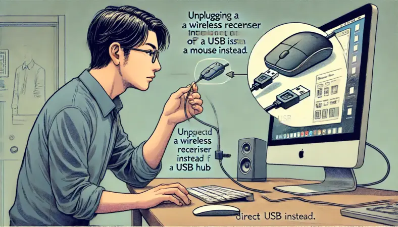 日本人男性がワイヤレスレシーバーを外し、有線マウスをPCのUSBポートに直挿しして動作を確認している様子のイラスト