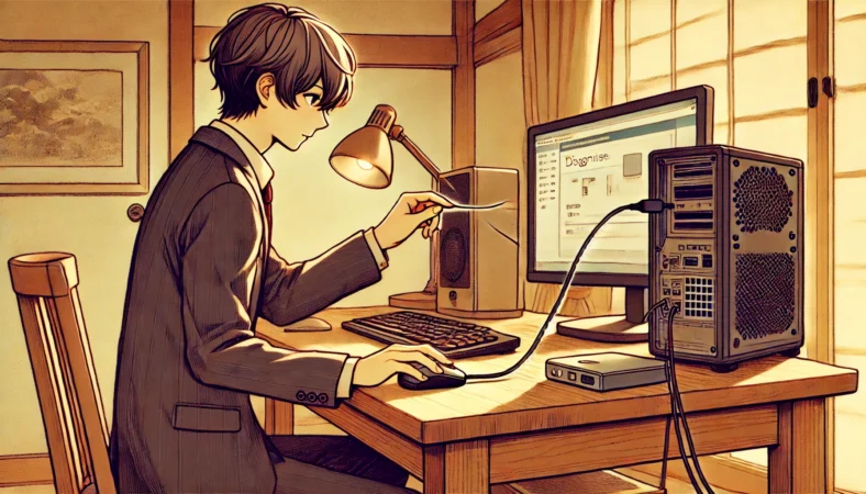 日本人の人物が、無線マウスから有線マウスへ切り替えてデスクトップPCの前でマウスのクリック不具合を診断しているイラスト。木製デスクと整った作業環境で、有線接続による動作確認を真剣に行っている様子が描かれている。