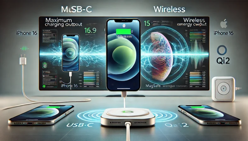 iPhone16がUSB-Cケーブルで充電されている様子と、MagSafeワイヤレス充電器で充電されている様子を比較したイラスト。有線は安定したエネルギー供給、無線は波状のエネルギーが描かれ、出力の違いが視覚的に表現されている。
