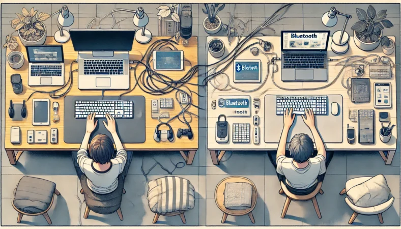 有線キーボードと無線キーボードの使用環境を比較したイラスト。左側はケーブルで接続されたデスクトップPC、右側はBluetoothアダプタでタブレットに接続された無線キーボード。日本人ユーザーがそれぞれの環境で作業している。