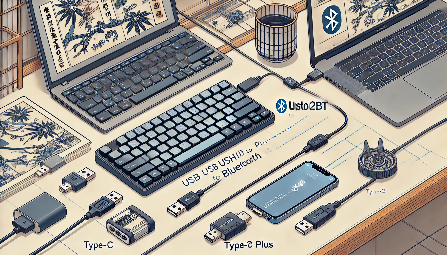 有線キーボードをUSB HID→Bluetooth変換アダプタで無線化する構成を示すイラスト。日本製キーボード、USB2BT PLUSアダプタ、Type-C電源接続、Bluetoothで接続されるノートPCまたはタブレットが描かれている。
