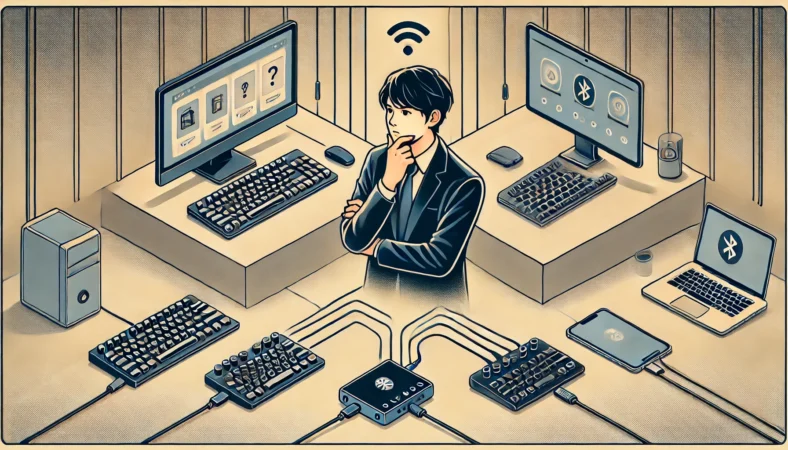 有線と無線のキーボード構成を前に、どちらを選ぶか悩む日本人男性のイラスト。片方にはPCと有線キーボード、もう一方にはBluetoothアダプタを使った無線キーボードとタブレットが配置され、現代的な環境が描かれている。