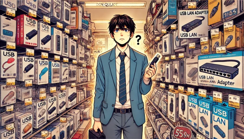 日本のディスカウントストア（ドン・キホーテ）の電子機器コーナーで、20代の日本人男性がUSBハブとUSB LANアダプターを手に取り、どちらを買うべきか迷っている様子を描いたイラスト。棚はごちゃついており、製品の見分けが難しい雰囲気。