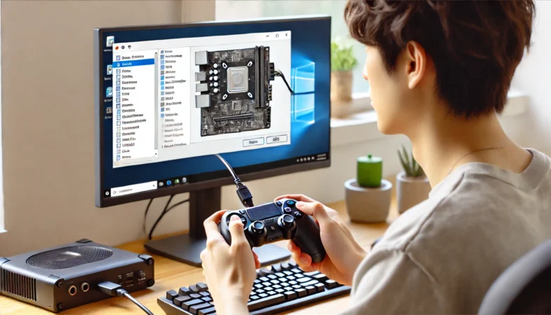 日本人男性がゲームコントローラーをUSBケーブルでデスクトップPCに接続している様子。画面にはWindowsのデバイスマネージャーが表示され、コントローラーが認識されている。トラブルシューティングの第一歩として有線接続を確認するシーン。