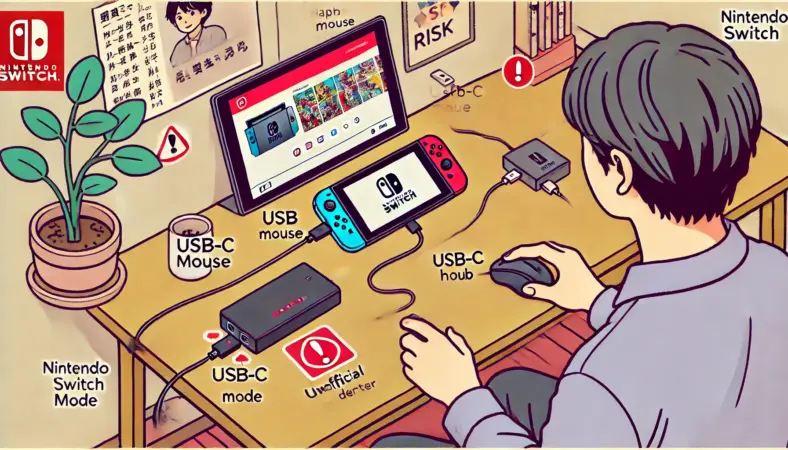 Nintendo Switch本体にUSB-Cハブを使ってUSBマウスを接続しようとする日本人ユーザーのイラスト。手元には変換アダプタやPD給電ケーブルがあり、非公式接続のリスクを示す警告アイコンも含まれている。