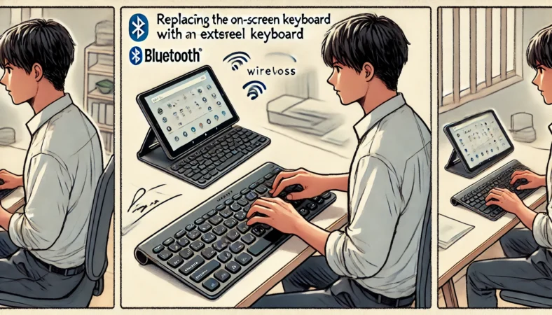 自宅の作業スペースでAndroidタブレットと外付けBluetoothキーボードを使い、快適に文字入力をしている日本人男性のイラスト。正しい姿勢で作業しやすい環境が整っている。