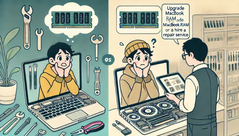 MacBookのメモリ増設を自分で行うか業者に依頼するか悩む日本人のイラスト。片方では分解中のMacを前に不安げな様子、もう片方では修理店で技術者から説明を受けている様子が描かれている。