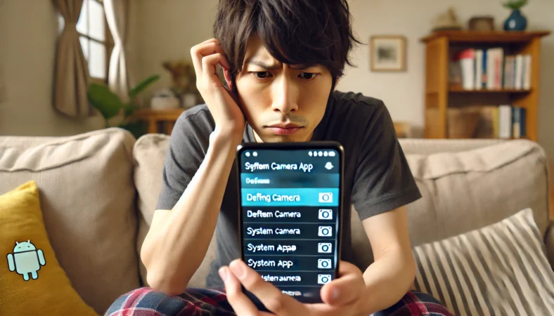 日本人男性がAndroidスマートフォンの設定画面で標準カメラアプリが無効化されていないか確認している様子。自宅のリビングでソファに座り、やや困った表情を浮かべながらスマホを操作している。