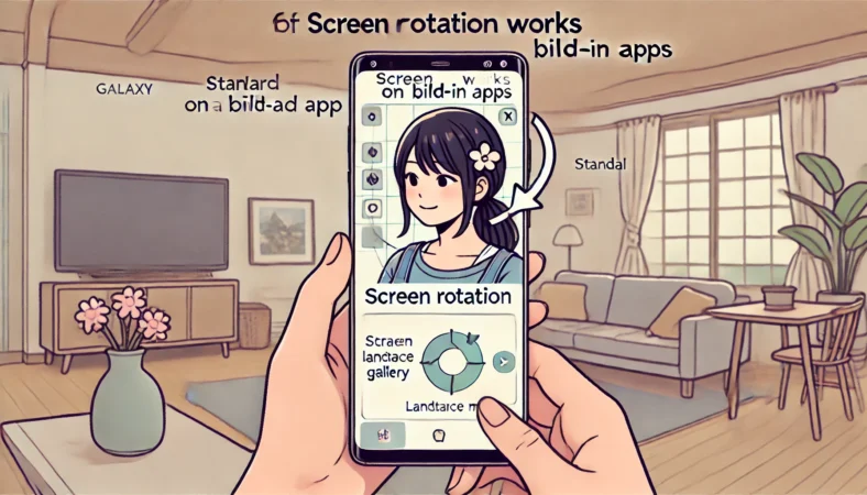日本人女性ユーザーがGalaxyスマートフォンでブラウザアプリを使い、横向きに傾けて画面が正常に回転するかを確認している様子のイラスト。