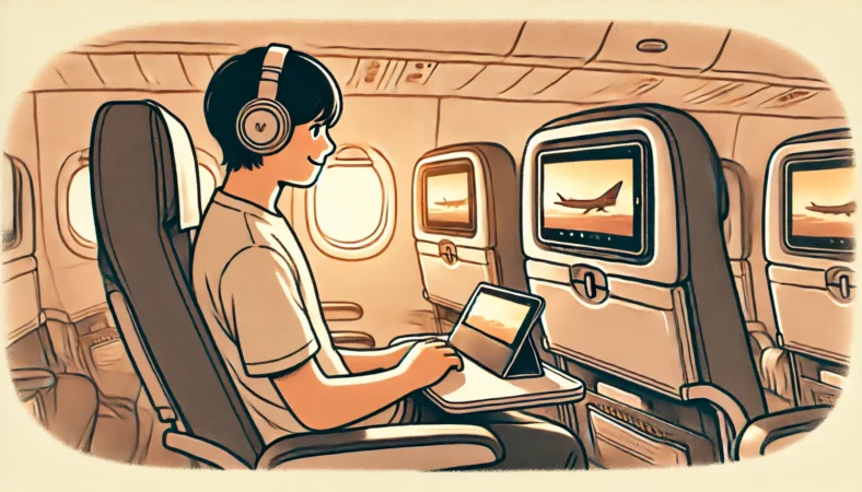 飛行機の機内で、iPadをスタンドに立てて映画を視聴する日本人乗客のイラスト。Bluetoothノイズキャンセリングイヤホンを装着し、リラックスした雰囲気で静かなフライトを楽しんでいる様子が描かれている。