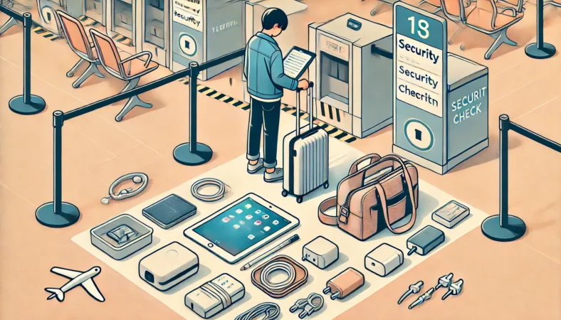 空港の保安検査場で、iPadやモバイルバッテリー、ケーブルポーチを分かりやすく取り出し準備する日本人乗客のイラスト。バッグの外ポケットにiPadがあり、検査トレーの近くに整然と並ぶアイテムが描かれている。