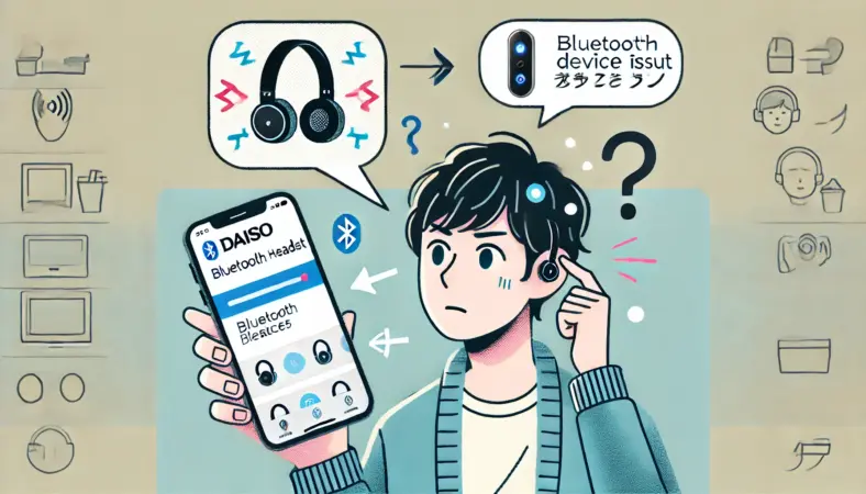 Bluetoothヘッドセットのペアリングで機器名が表示されず困惑している日本人の様子を描いたイラスト。赤青に点滅するLEDライトと、スマートフォンの空白のBluetooth一覧が状況を表している。