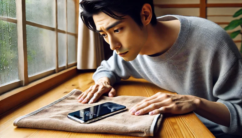 日本人男性がiPhone 16を柔らかいタオルの上に置き、窓際で自然乾燥させている様子。充電ポートは下向きで、静かな室内環境が慎重な対応を表現している。