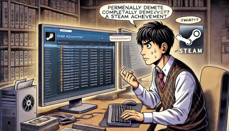 日本人男性がパソコンの前で困惑した表情を浮かべながら、Steam実績の永久削除を試みている様子。複数のフォルダやデータウィンドウを確認し、作業の複雑さに直面している場面。