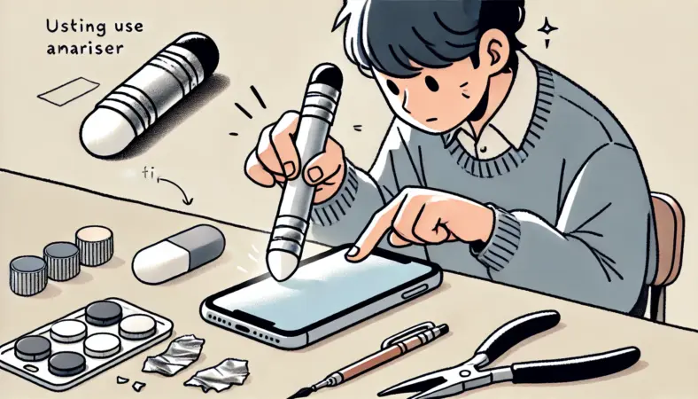 消しゴムをベースにアルミホイルを取り付けた自作タッチペンを使って、スマホ画面に慎重に触れている日本人の人物。机には消しゴムのカスや道具が散らばり、不安げな表情で操作を試みている様子を描いたイラスト。