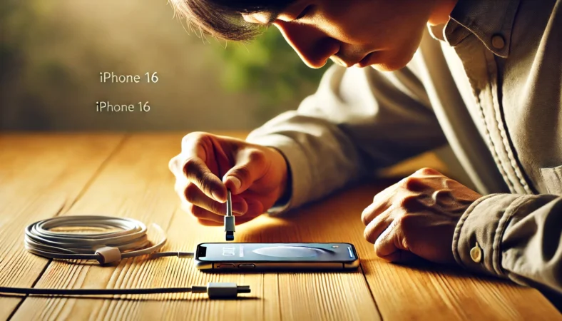 日本人男性がiPhone 16のUSB-Cポートを下向きにして慎重に乾燥状態を確認している様子。木製デスクの上でケーブルを外した状態で自然乾燥を待つ場面を静かに描写。