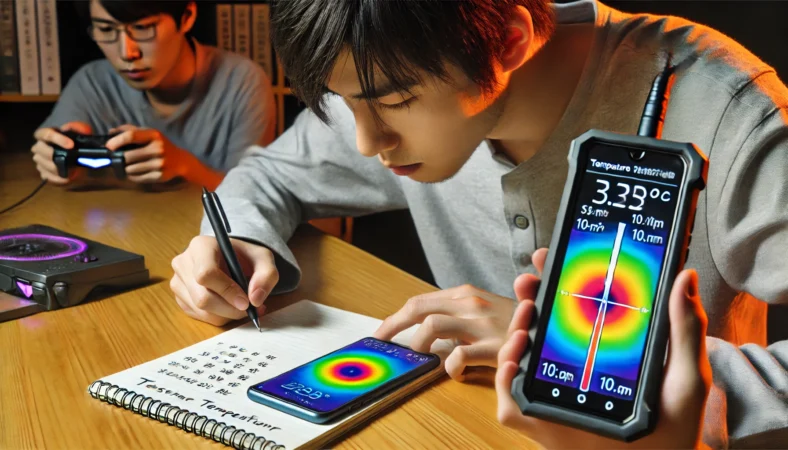 赤外線温度計でスマホの表面温度を測定し、10分ごとの温度変化をノートに記録する日本人男性。隣には熱分布を示すサーモグラフィが表示され、発熱による性能低下を見える化する様子が描かれている。