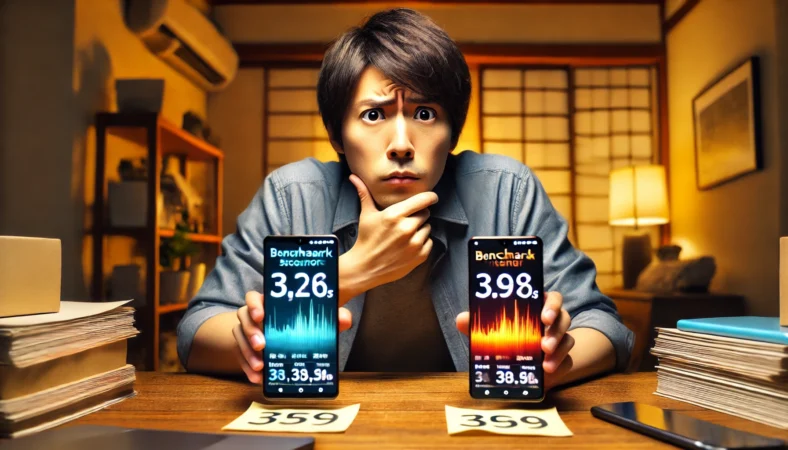 スマホのベンチマークスコアが異なる2台のスマートフォンを見比べて困惑する日本人男性。高スコアでも発熱しているスマホが熱気を放っており、数値と実際の性能のギャップが伝わる場面。