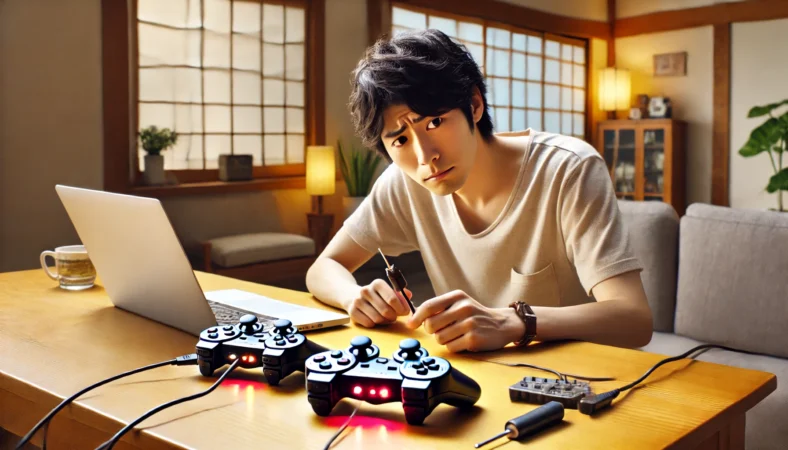 PS3コントローラーの4つの点滅を確認している日本人男性が、自宅のテーブル上でUSB接続を点検しながら接続不良の原因を探っている様子。近くにはリセット用のピンが置かれている。