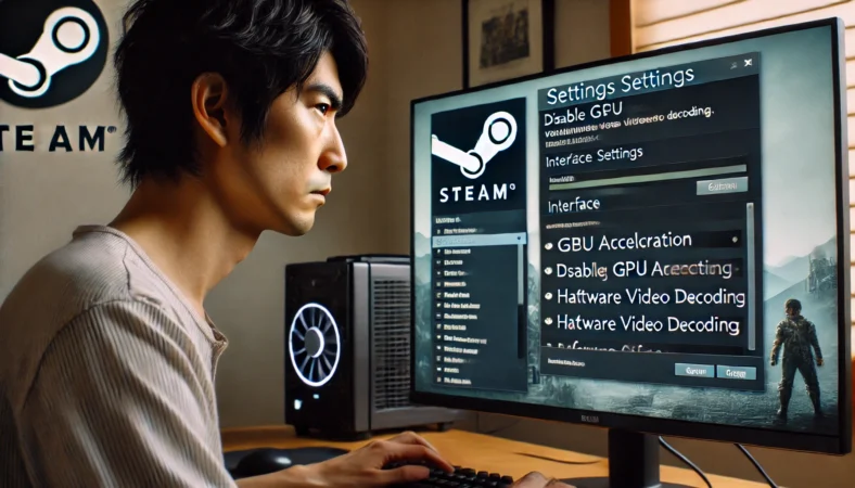 日本人男性がSteamクライアントの設定画面でGPUアクセラレーションやハードウェアビデオデコードの無効化設定を行っている様子。モダンなホームオフィスで、Steamのパフォーマンス最適化に集中しているシーン。