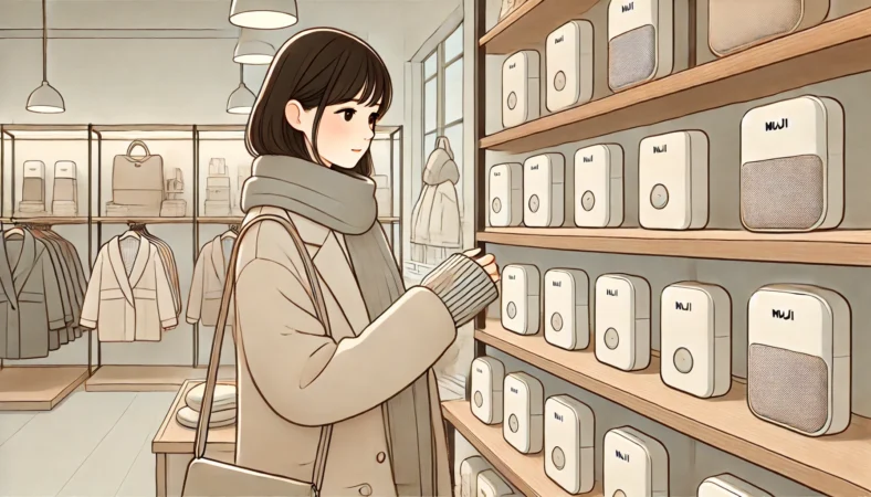 冬のミニマルな無印良品風の店内で、シンプルな充電式カイロを選んでいる日本人女性のイラスト。木製の棚や中立的な色合いの店内が特徴で、使いやすさやデザインを重視して商品を見ている様子が描かれている。