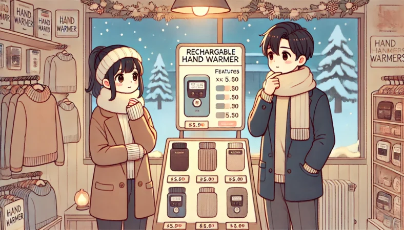 冬の店内で、日本人の男女が充電式カイロの価格や特徴を比較しているイラスト。雪景色が窓から見え、温かな照明の中で製品のサイズや性能、価格を検討している様子が穏やかに描かれている。