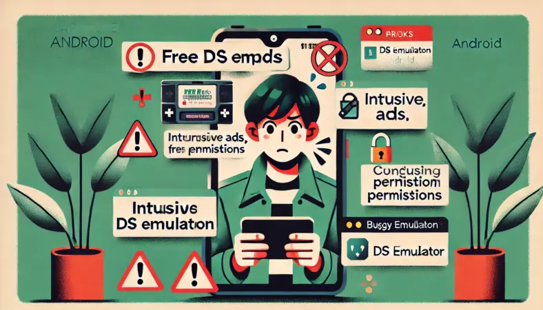 無料のDSエミュレータを使っている日本人ユーザーが、スマートフォン上で表示される過剰な広告、怪しい権限要求、バグで動作不安定なエミュレータに困惑している様子。室内で不安げな表情を浮かべながら操作しており、リスクやトラブルに直面している状況を警告的に描いたイラスト。