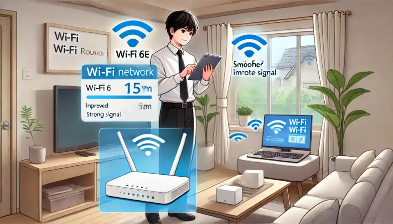 Wi-Fi 6EまたはWi-Fi 7ルーターを設置し、iPadとWindows間の通信を快適にする日本人ユーザーのイラスト。信号アイコンやスムーズな接続を象徴する演出があり、安定した無線環境に満足する様子が描かれている。