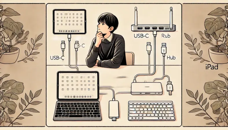 USB-Cで直結した有線キーボードのiPadセットと、USBレシーバー+ハブを使った無線キーボードのセットを比較している日本人ユーザーのイラスト。シンプルさと配線の多さの対比から、快適さを検討している様子が表現されている。