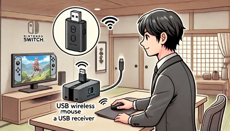 日本人ユーザーがNintendo SwitchドックにUSBレシーバーを挿し、ワイヤレスマウスを使用している様子。快適なデスク環境とモダンな和風インテリアが特徴で、安定した無線接続が視覚的に伝わるイラスト。