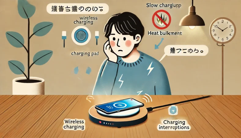 ワイヤレス充電中に発熱や位置ズレ、充電不良に悩む日本人ユーザーのイラスト。Galaxyスマートフォンが充電パッド上でズレており、表情には不安が表れている。遅い充電や発熱など、無線充電の弱点を視覚的に伝える構成。