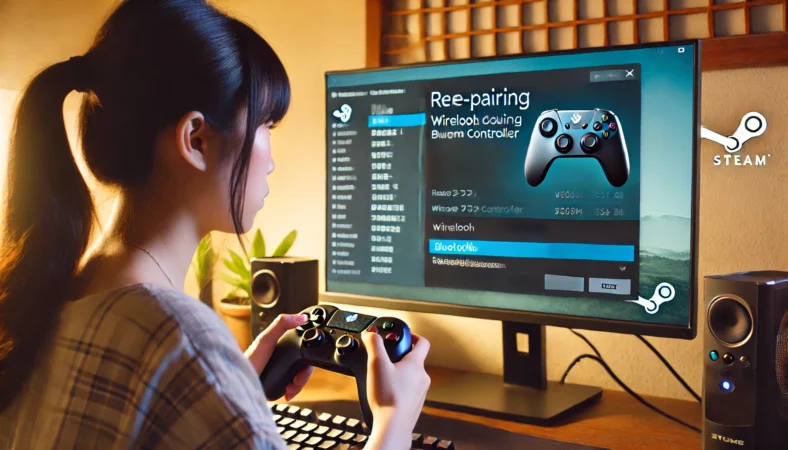 日本人女性がPCのBluetooth設定画面でワイヤレスゲームコントローラーを削除し、再ペアリングの準備をしている様子。落ち着いた照明の家庭用デスク環境で、Steamは最小化された状態。