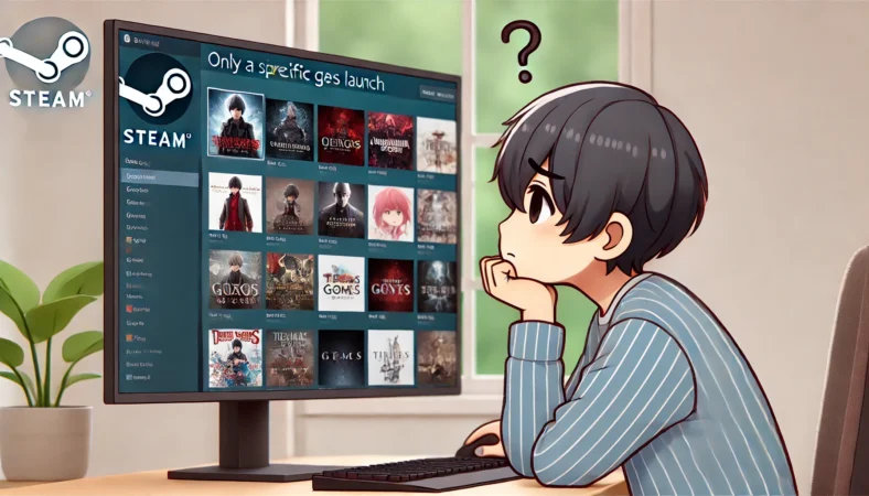 Steamで特定のゲームだけ起動せず、他のゲームは正常に表示されているPC画面を見ながら困惑する日本人ユーザーのイメージ